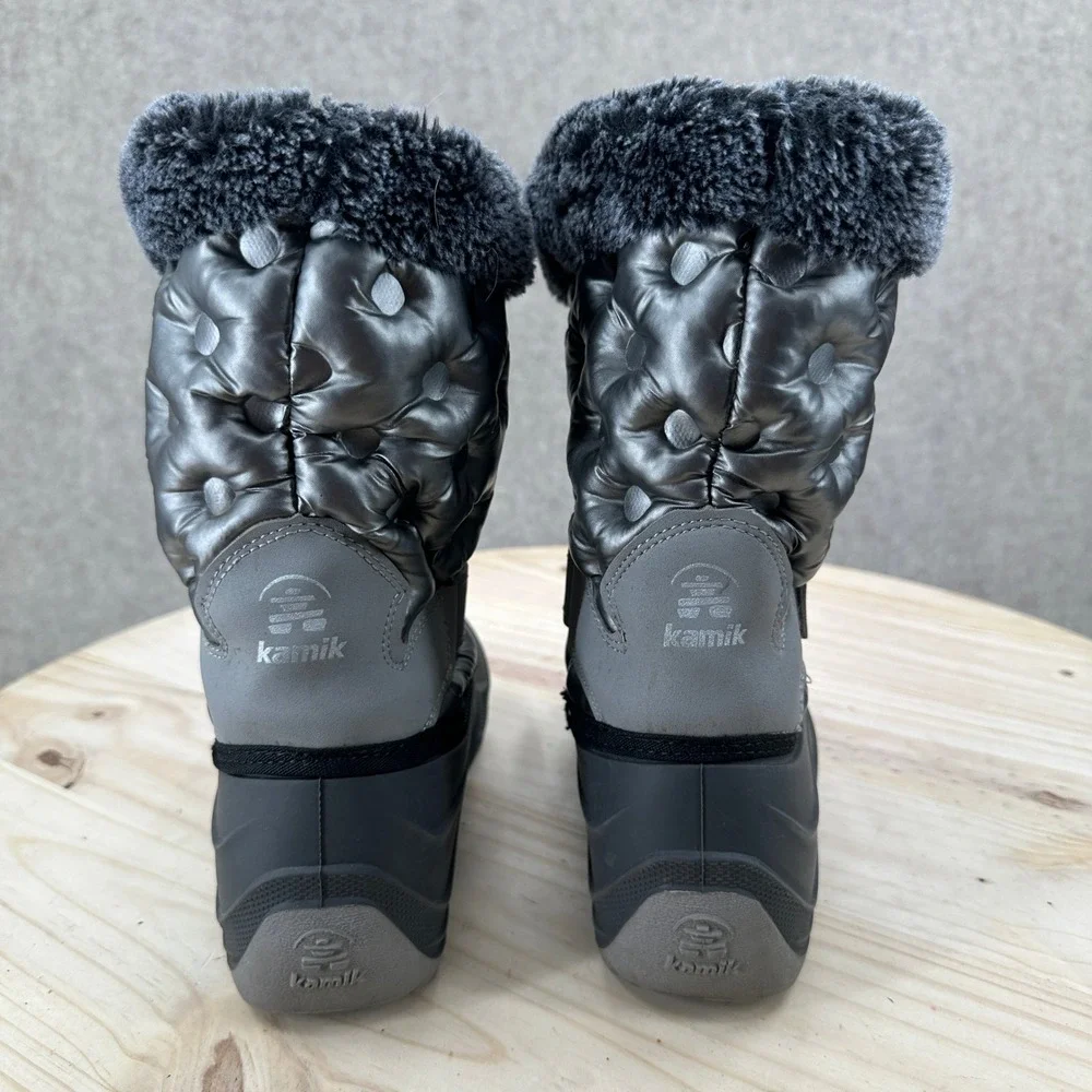 Kamik Kids Penny 3 Winter Boots Metallic Silver Quilted Snow Boots 2 Faux Fur
